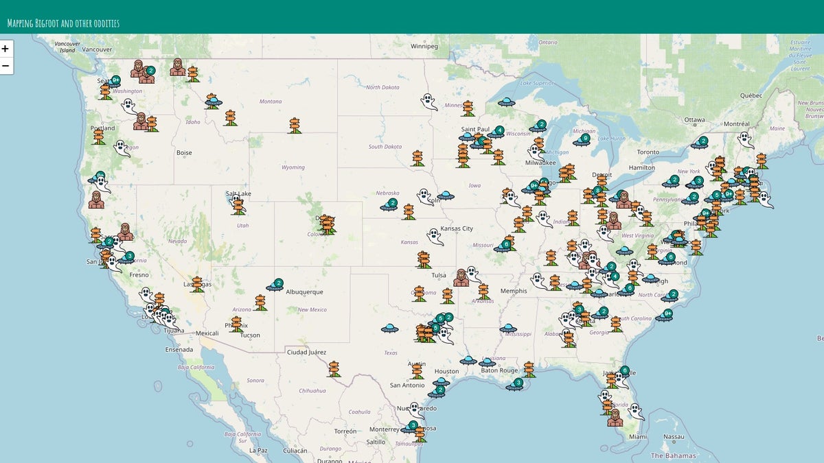 Mapsquatch.com shows a map showing alleged sightings of Bigfoot