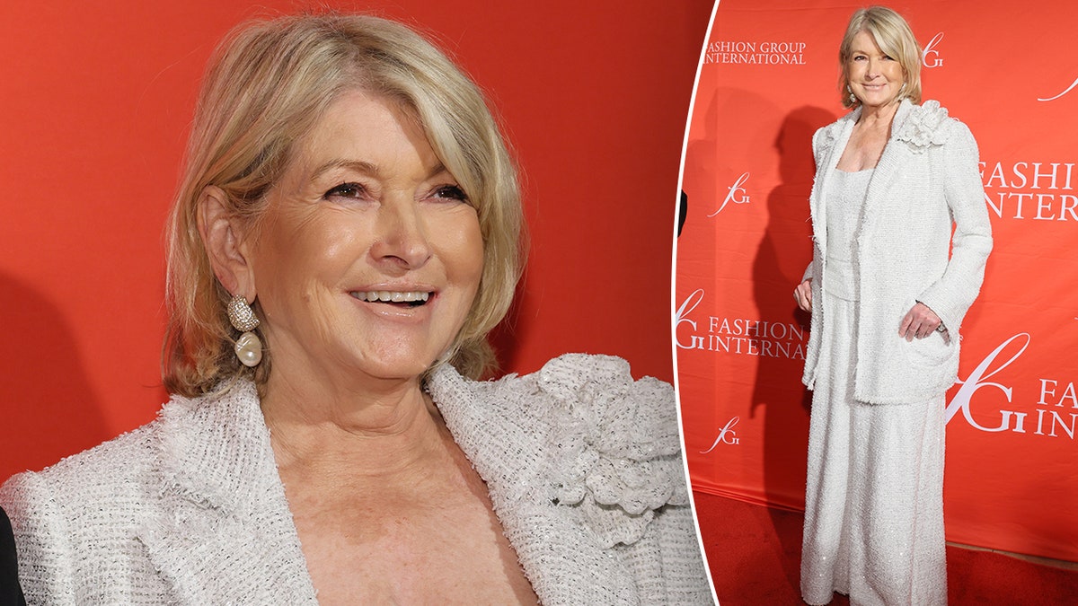 Martha Stewart looks toward the left on the red carpet in a Dennis Basso suit with a camelia on it split full-shot of Martha on the red carpet