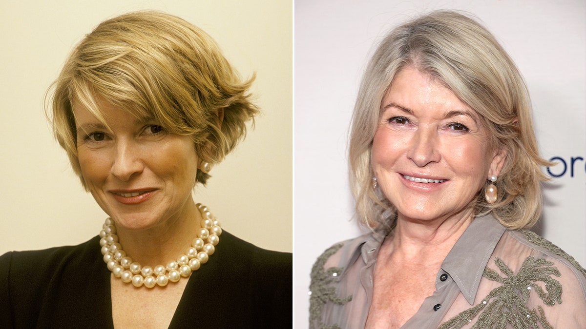 Martha Stewart in a black top and pearl necklace in 1991 split Martha Stewart in a grey transparent blouse in 2023