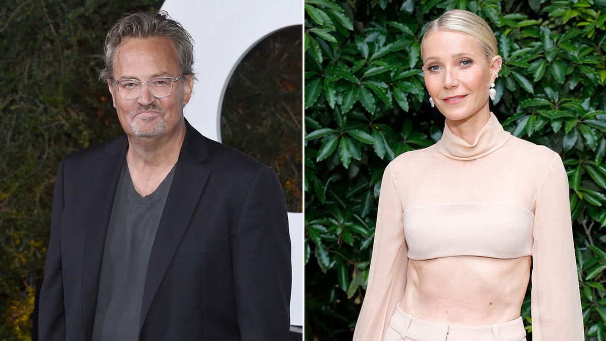 Matthew Perry in a black suit and clear glasses on the carpet split Gwyneth Paltrow in a nude colored two-piece on the carpet baring her abs