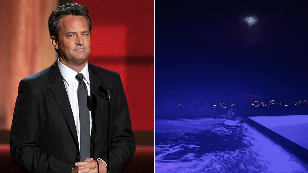 Una foto di Matthew Perry insieme alla sua ultima foto su Instagram, quella di una vasca idromassaggio