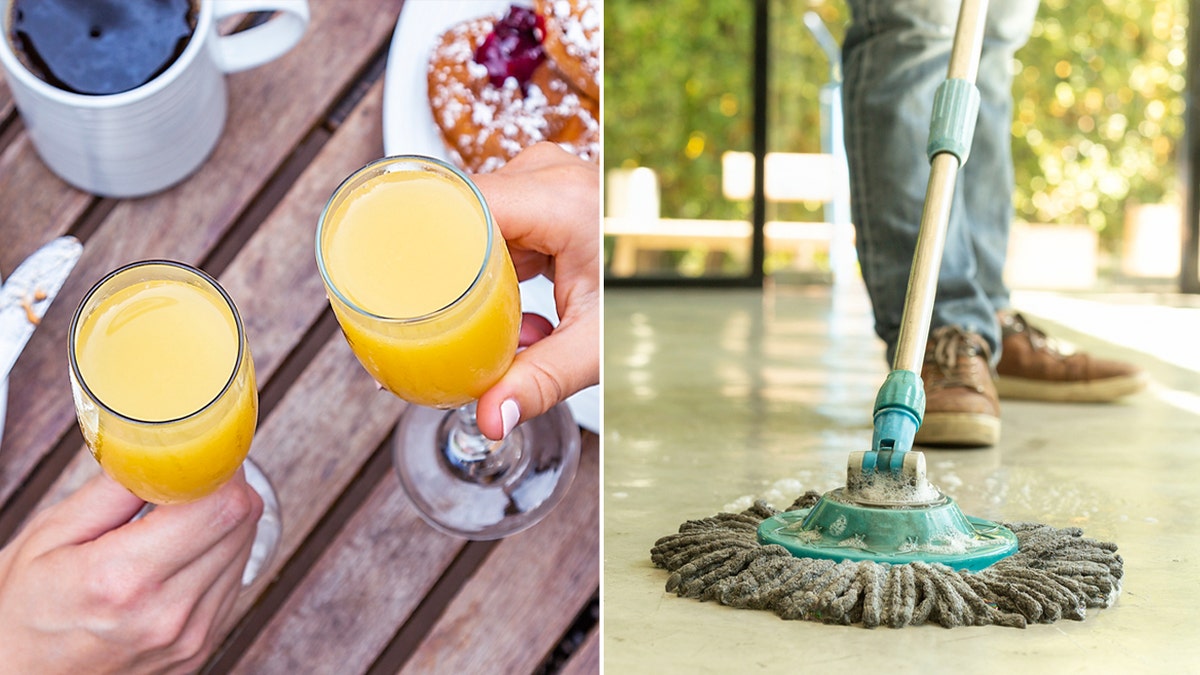 mimosa and mopping restaurant floor