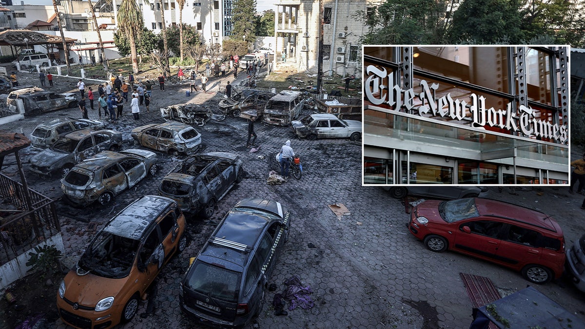 una foto del hospital al-Ahli y el logo del NYT