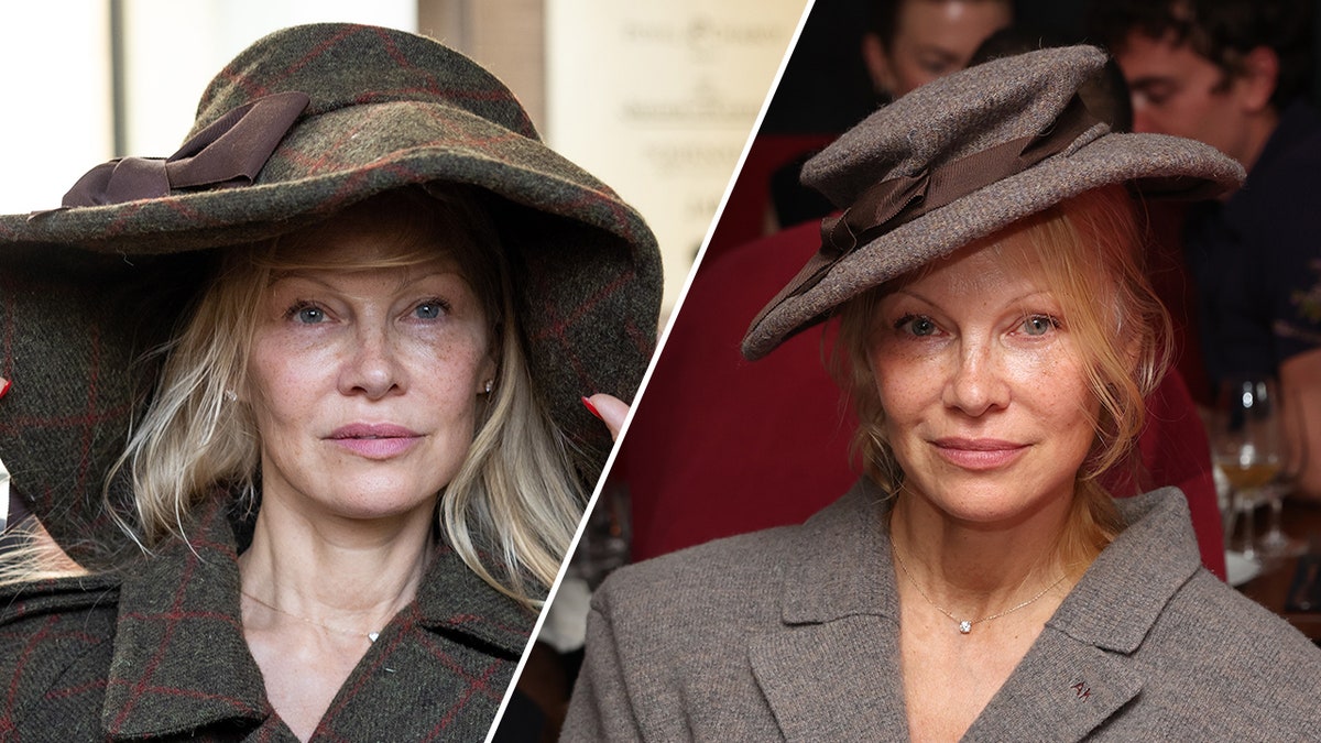 Pamela Anderson holds on to her oversized hat at the Vivienne Westwood show split Pamela Anderson sits demurely at an event with a tilted hat