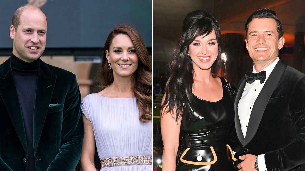 Prince William in a dark green velvet jacket and Kate Middleton in a purple dress split Katy Perry in a black dress and Orlando Bloom in a classic tuxedo