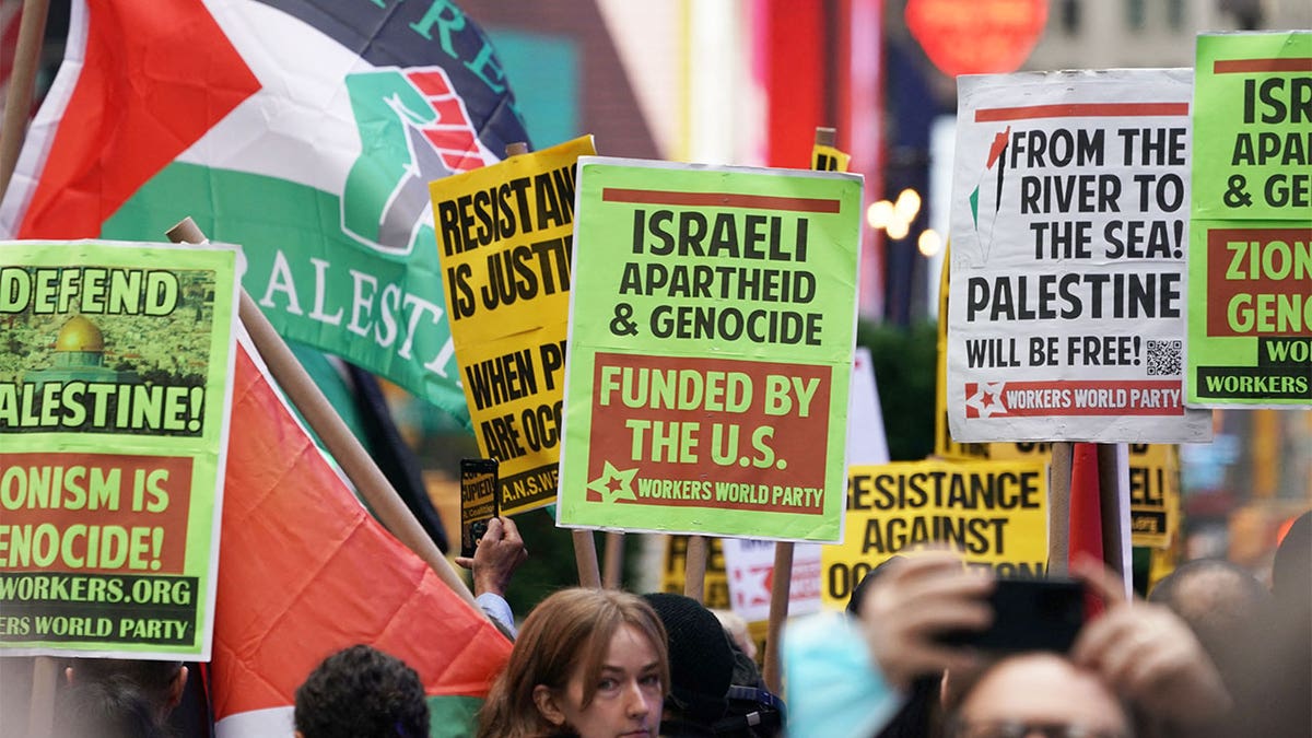 rallygoers at Palestinian rally hold up signs in Times Square