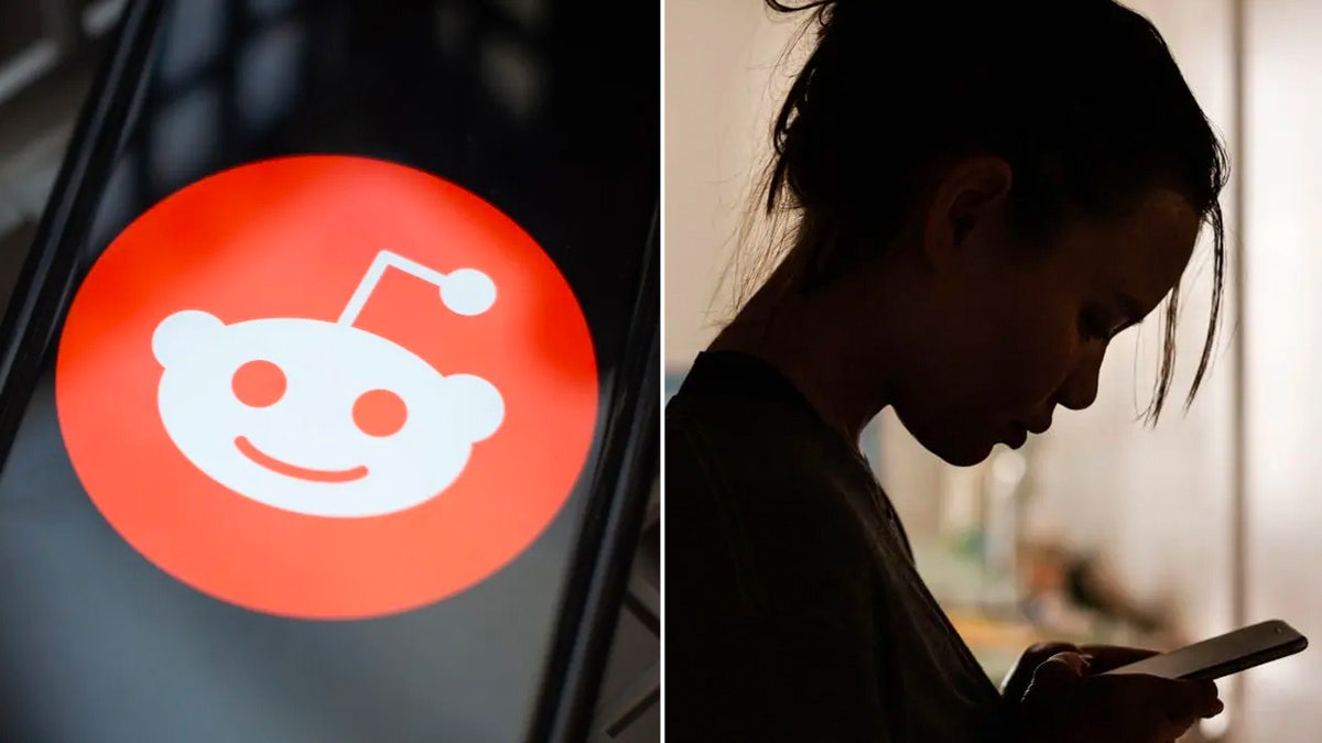 split of reddit logo with an upset young woman