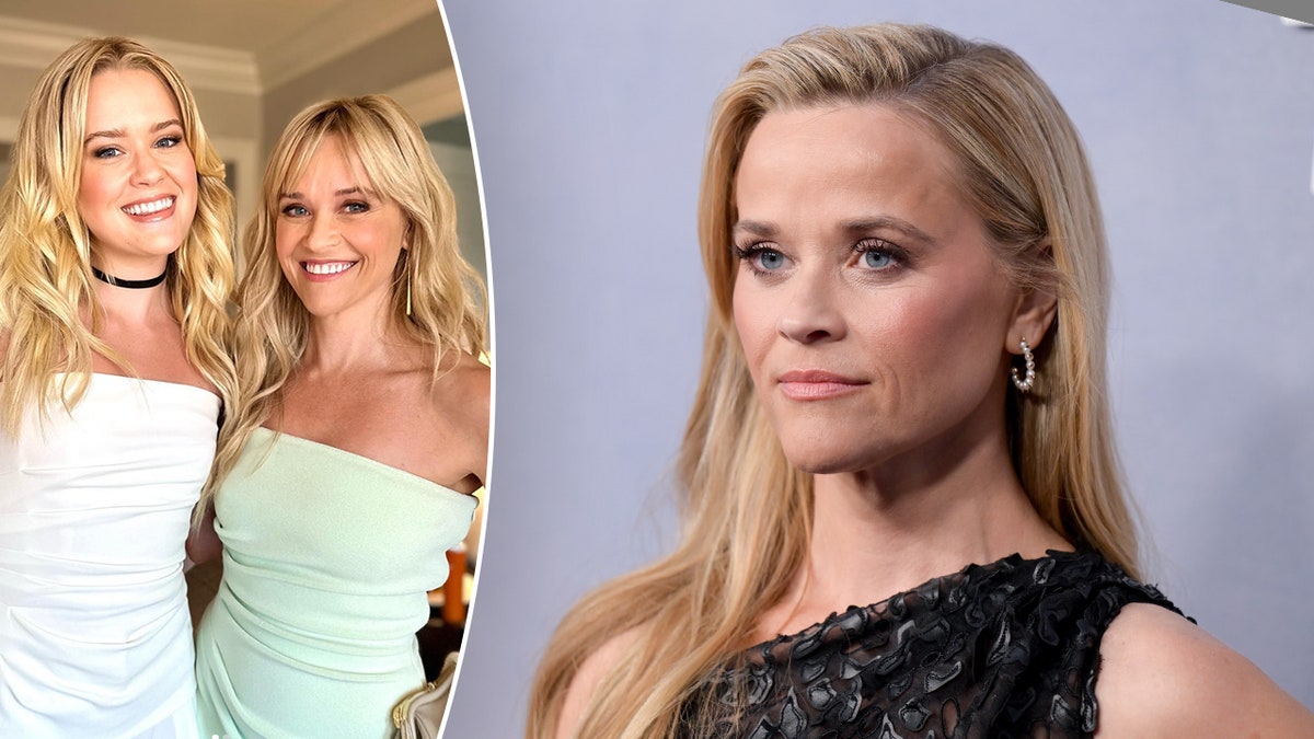 Ava Phillippe in a white strapless dress smiles next to Reese Witherspoon in a light green dress split Reese Witherspoon looks stern in a one-shoulder black dress