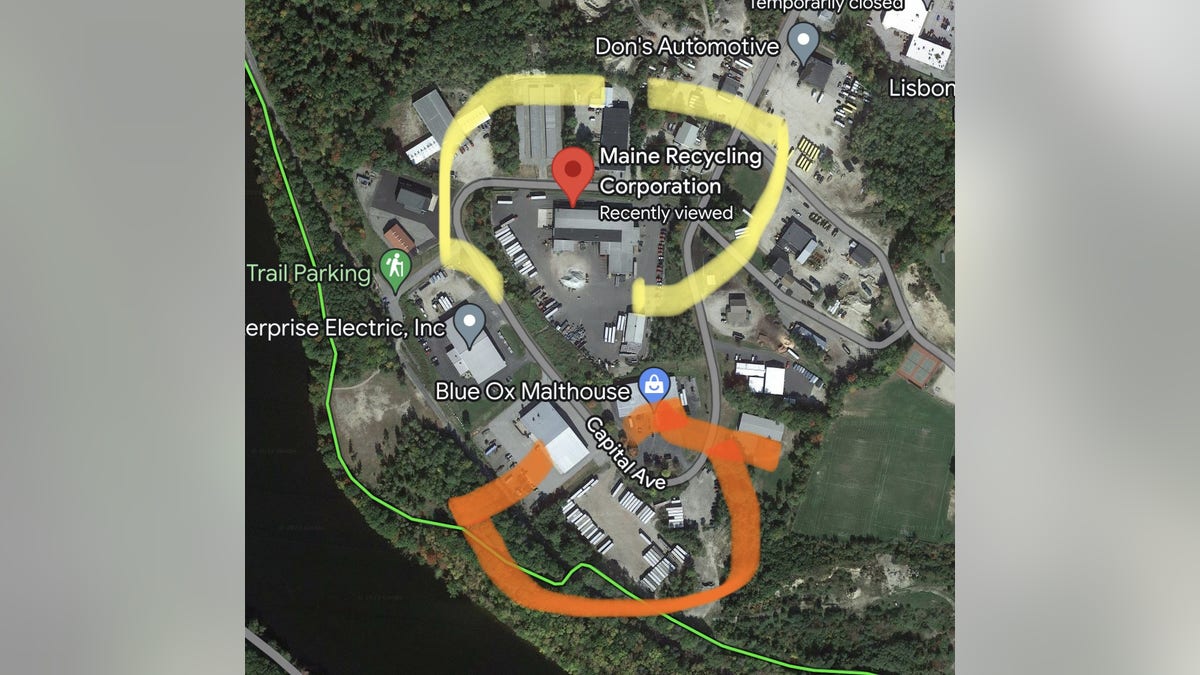 Picture showing the distance between the main recycling facility and the overflow lot with the trailer where Robert Card was found dead