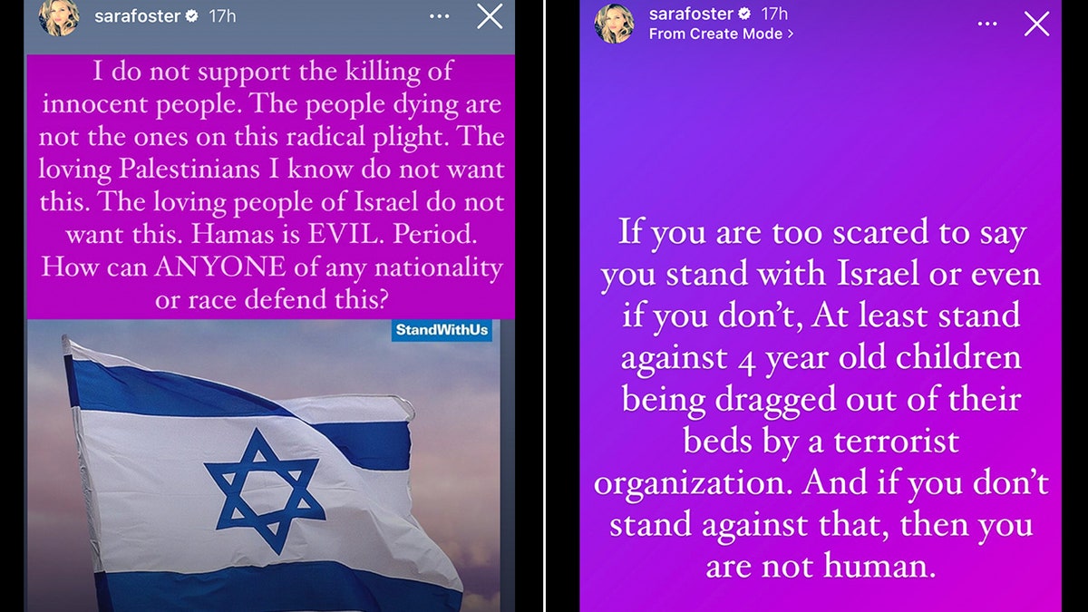 Sara Foster Instagram stories condemn violence in Israel