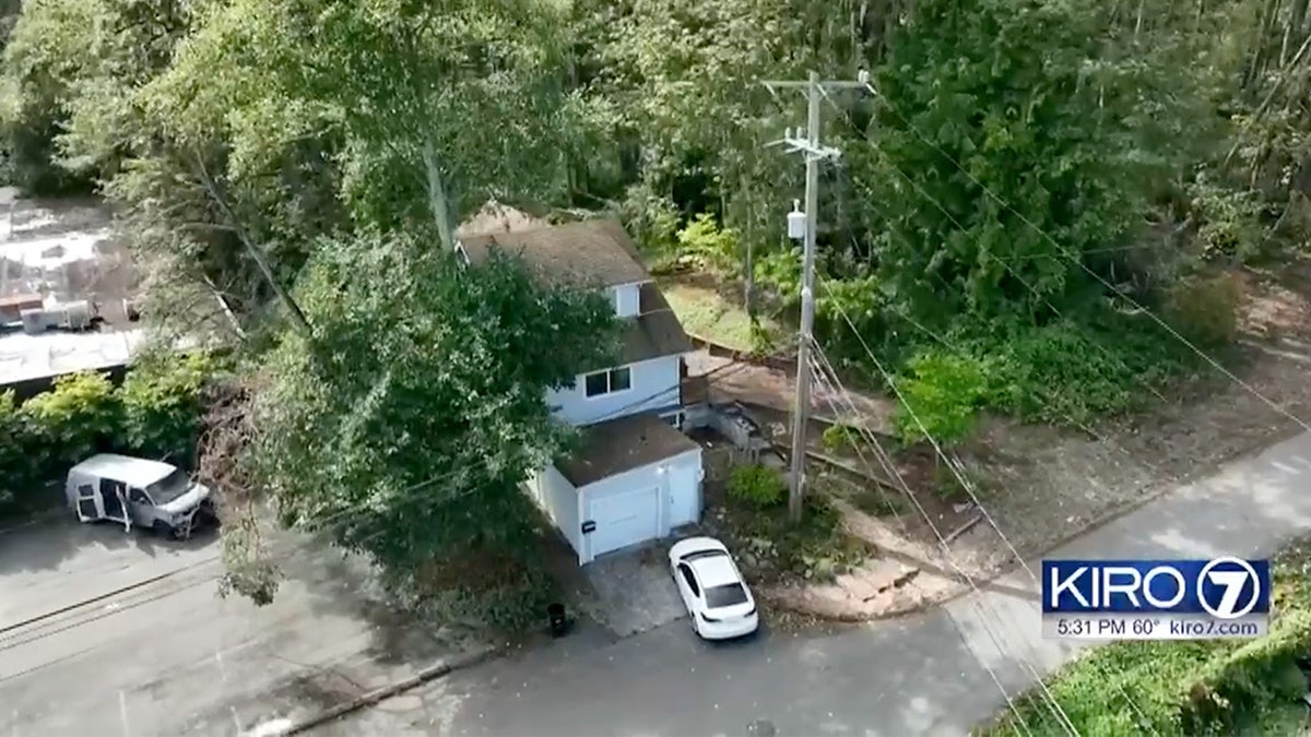 Aerial view of Seattle home, white van, and new car