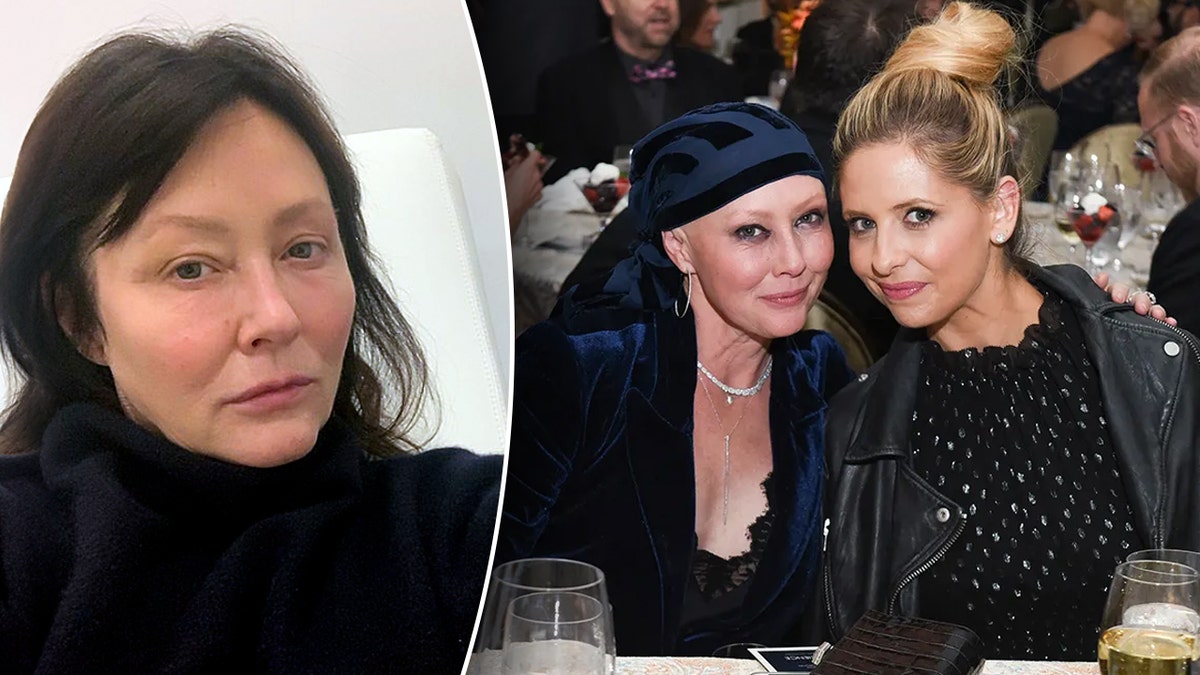 Shannen Doherty in a black sweater takes a selfie split Shannen Doherty with a head scarf sits next to Sarah Michelle Gellar at an event