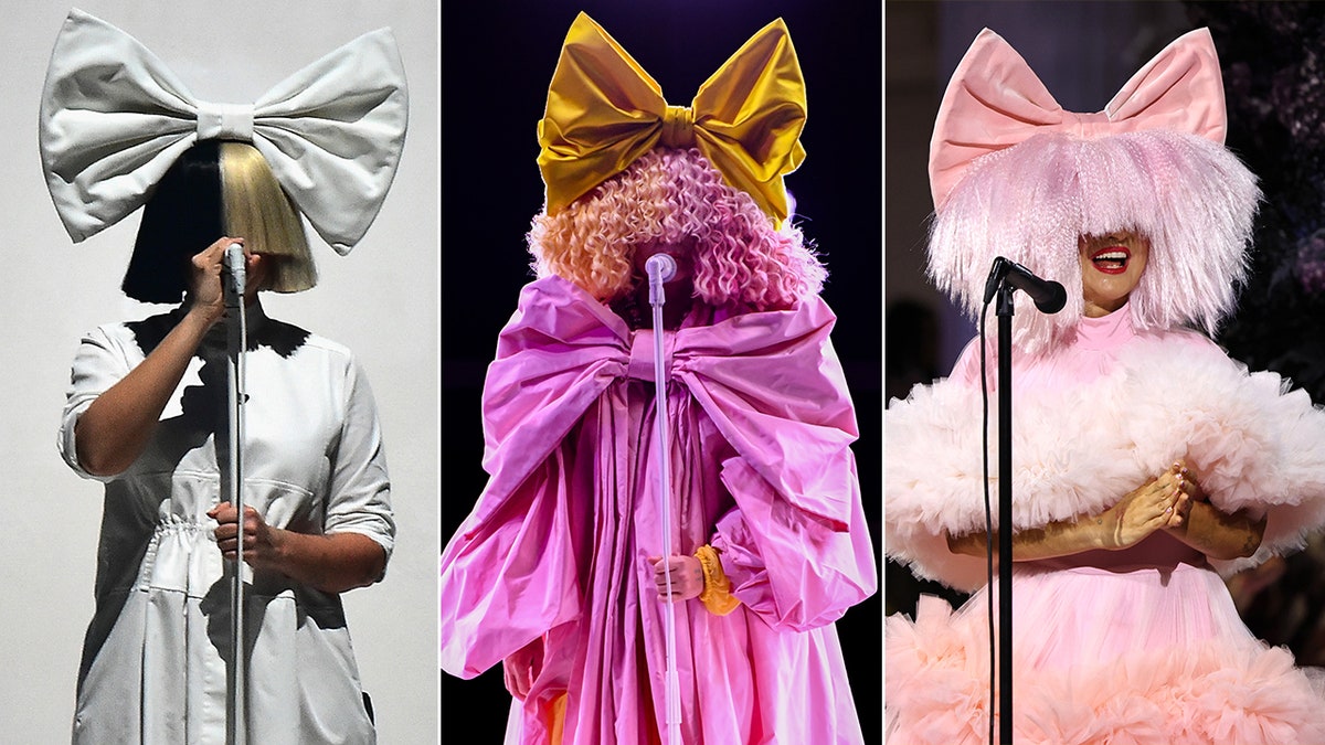 Três partes de Sia usando perucas diferentes para cobrir o rosto