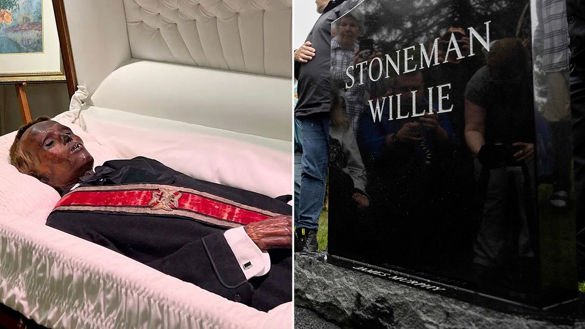 a split image of a mummy dressed in 19th century clothing and a tombstone reading "Stoneman Willie" and "James Murphy"