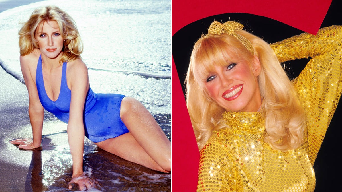Suzanne Somers poses on the beach wearing a swimsuit and holds her arm in a gold sparkling top