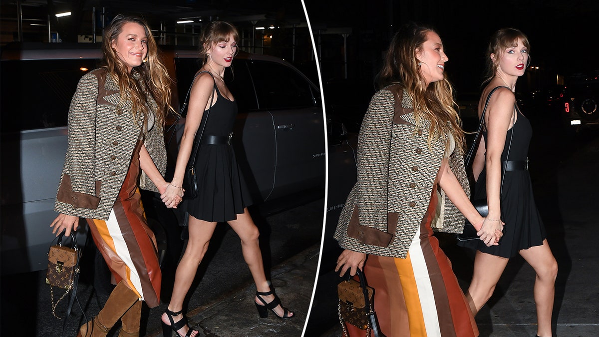 Taylor Swift in a black mini dress and Blake Lively in a patterned midi skirt and textured jacket walk into a restaurant in New York City