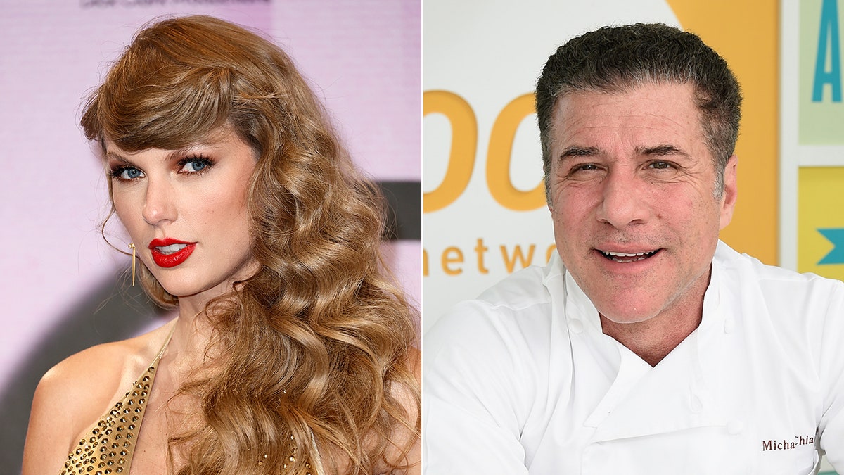 Taylor Swift no tapete olha para a câmera com um cabelo ondulado dividido Michael Chiarello em uma roupa branca de chef