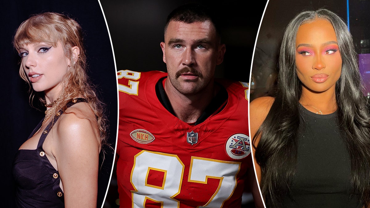 Taylor Swift in black looks slightly to her left split Travis Kelce looks game ready in a Kansas City Chiefs uniform split Kayla Nicole in a black shirt looks to her right