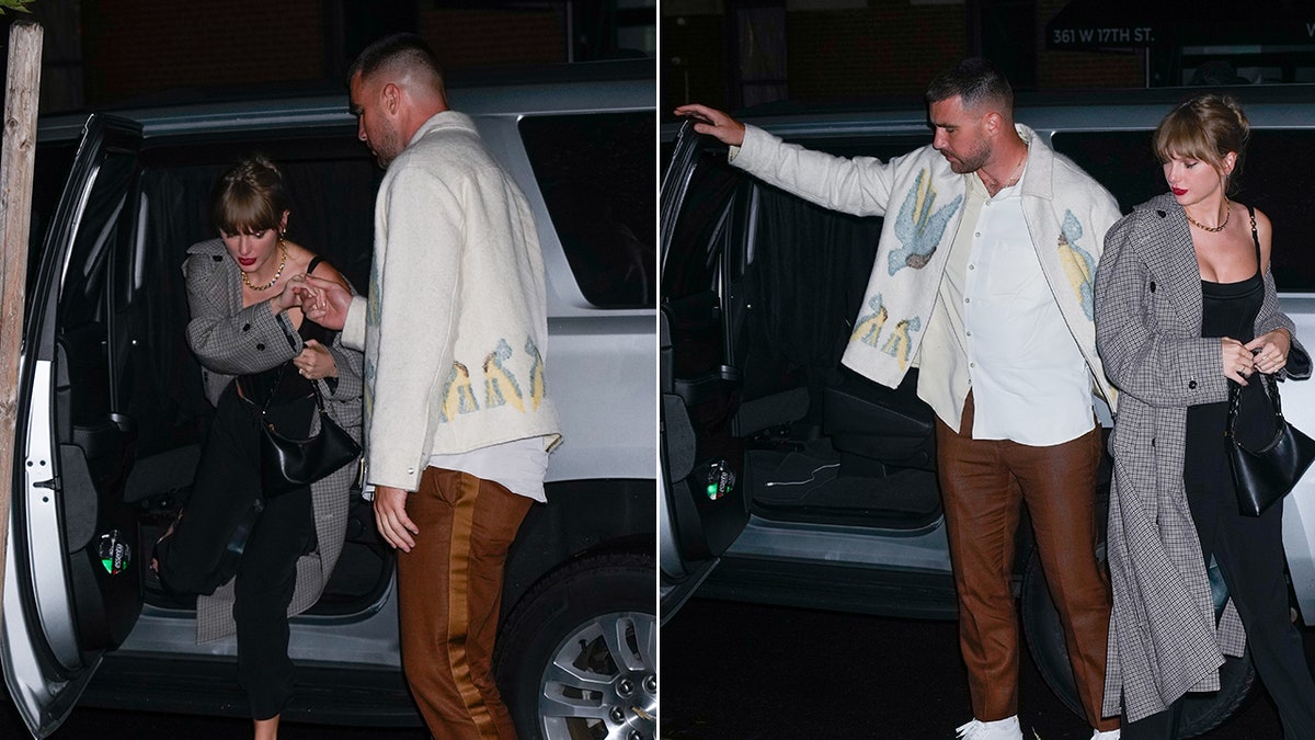 Travis Kelce helps Taylor Swift out of the car split Travis Kelce closes the door and he and Taylor look back