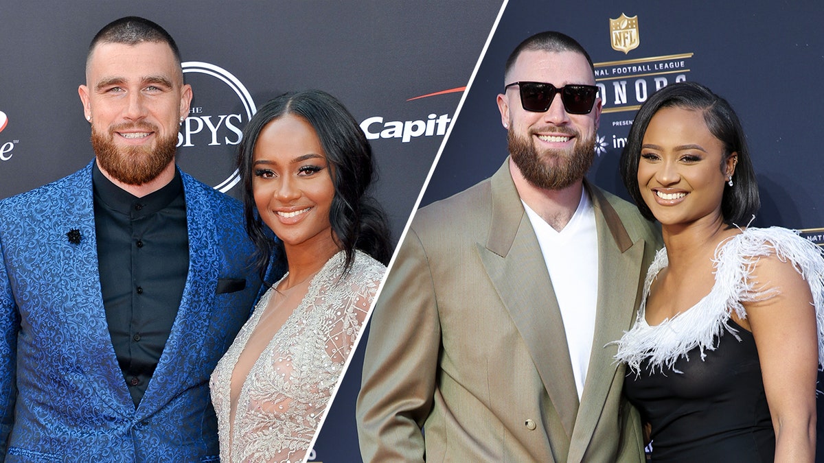 Travis Kelce in a black shirt and blue suit poses with Kayla Nicole at the Espys split Travis Kelce in a sand colored suit poses with Kayla Nicole in a black dress with feathers