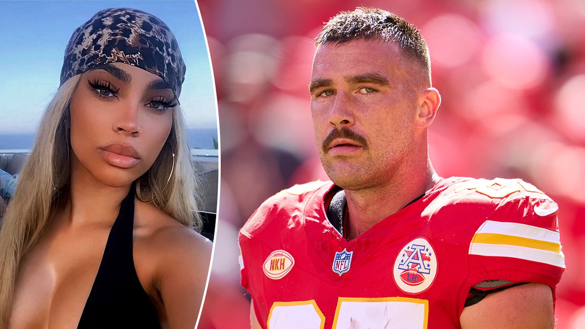 Maya Benberry in a low black top and cheetah print head scarf split Travis Kelce in his Kansas City Chief's uniform looking to his left