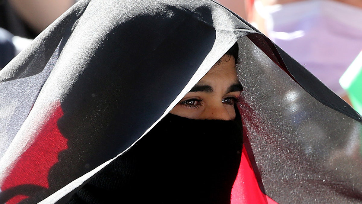 UCLA protester with mask and palestinian flag