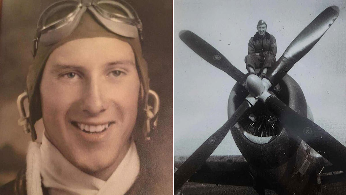 split of Wally King in aviation uniform and on top of a plane