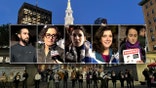 Fox News interviewees in front of NYT headline