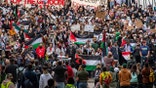 Supporters of Palestine gather at Harvard University to show their support for Palestinians in Gaza at a rally in Cambridge, Massachusetts, on October 14, 2023. (Photo by Joseph Prezioso / AFP) (Photo by JOSEPH PREZIOSO/AFP via Getty Images)