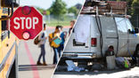 Homeless person's van and children with school bus