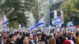 A large crowd of Israel supporters holding Israeli flags in NYC