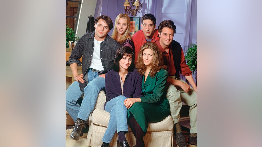 The cast of "Friends" in Monica and Rachel's apartment for a season 1 promo shot