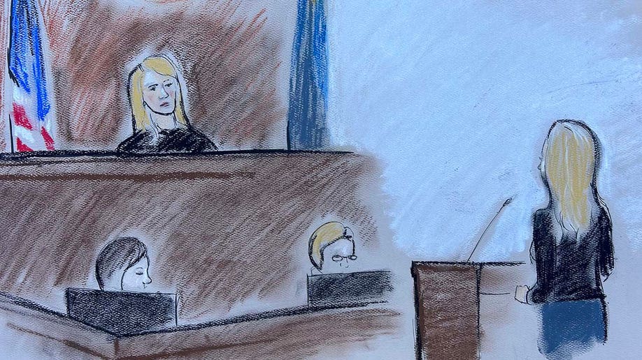 A court sketch depicts Beth Hollway in federal court.