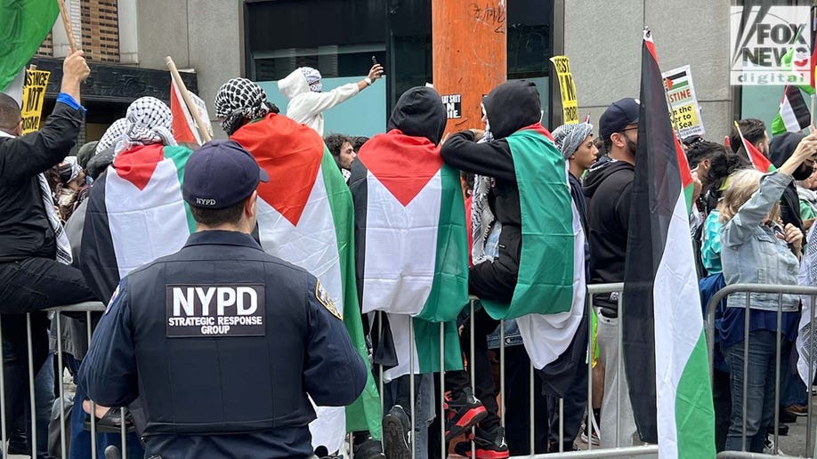 Protesters wearing Palestinian flags