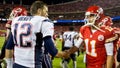 New England Patriots quarterback Tom Brady shakes hands with Kansas City Chiefs quarterback Alex Smith after the Chiefs defeated the Patriots 41-14 at Arrowhead Stadium on September 29, 2014.