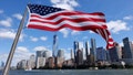 An American flag flies off the back of the retired FDNY John J. Harvey fireboat as it sails past lower Manhattan and One World Trade Center while taking part in a 9/11 commemorative flotilla in the Hudson River on September 10, 2021 in New York City.