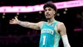 LaMelo Ball #1 of the Charlotte Hornets reacts to a call during the second half of an NBA In-Season Tournament game against the Miami Heat at Spectrum Center on November 14, 2023 in Charlotte, North Carolina.