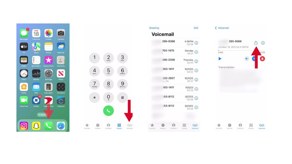 Images of iPhone phone app and voicemail, steps to forward a voicemail