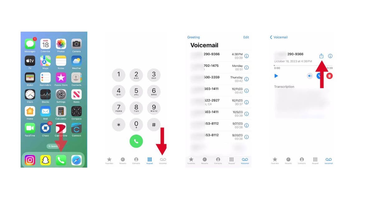 Images of iPhone phone app and voicemail, steps to forward a voicemail