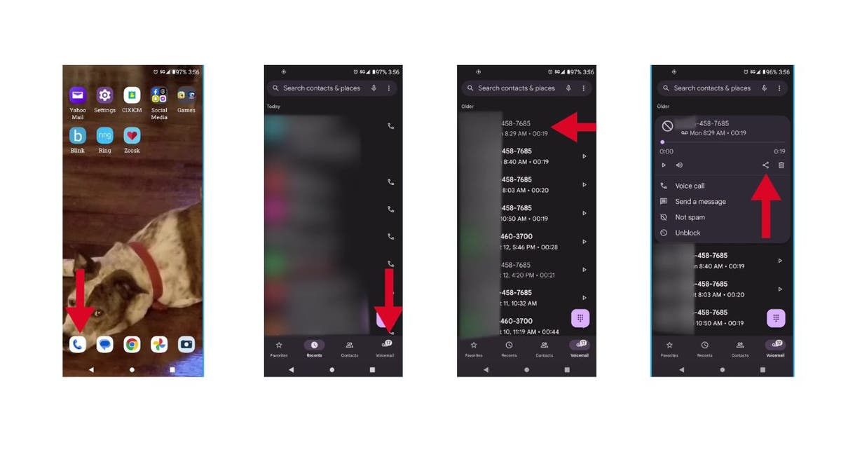 Android telefon uygulamasının ve sesli postanın görüntüleri, sesli postayı iletme adımları