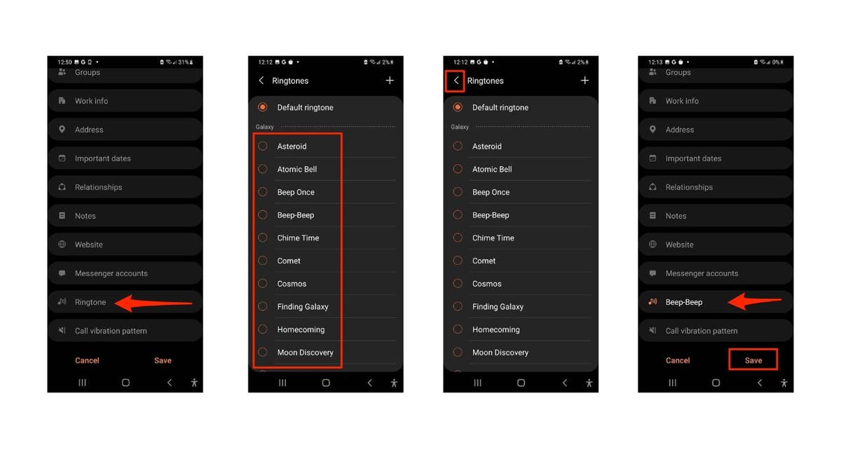 Screenshot of various sounds for ringtones on Android