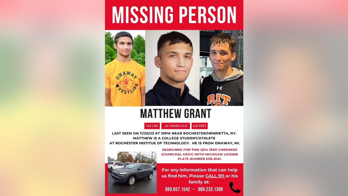 A missing persons flyer showing images of Matthew Grant and his Jeep