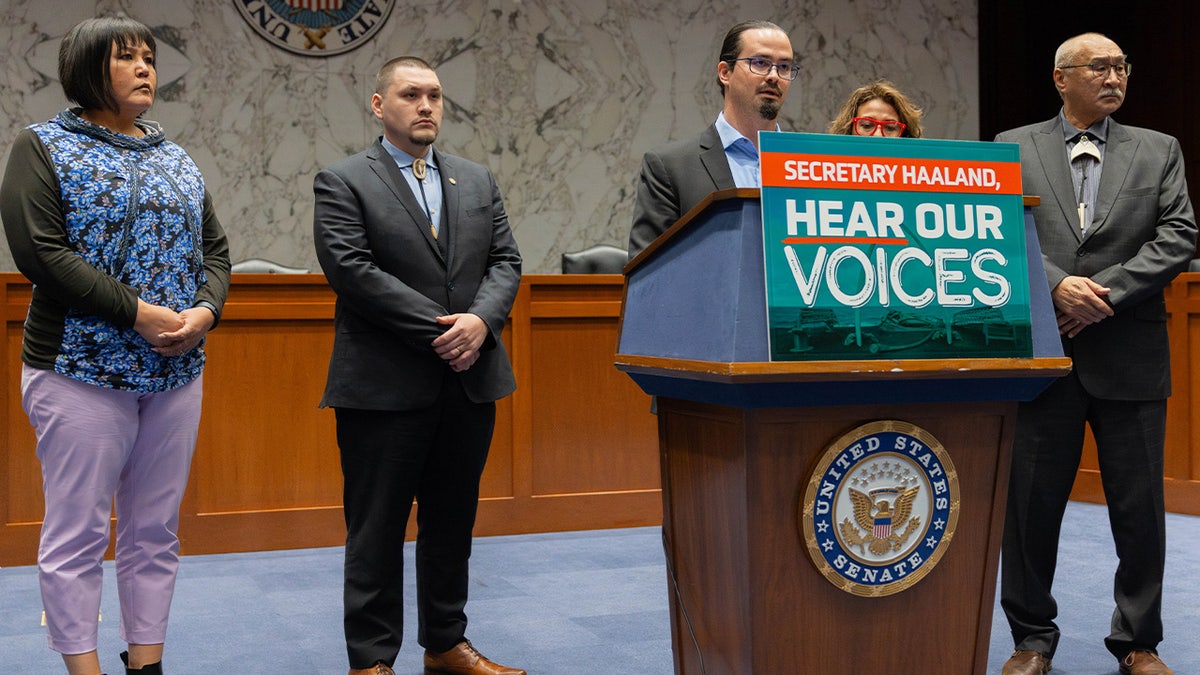 Voice of the Arctic I?upiat President Nagruk Harcharek speaks during an event hosted by Sen. Dan Sullivan, R-Alaska, in November. Anaktuvuk Pass Mayor Lilian Stone, I?upiat Community of the Arctic Slope Director of Natural Resources Doreen Leavitt, and North Slope Borough Mayor Josiah Patkotak also participated.