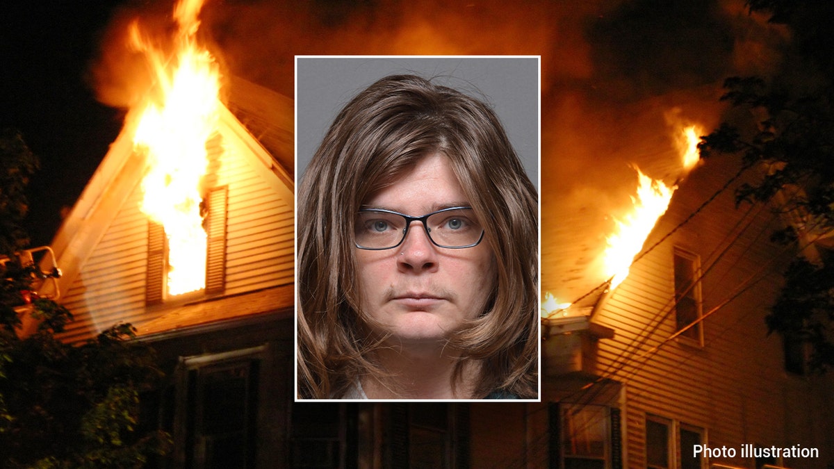 Amanda Burnside mugshot inset over burning house