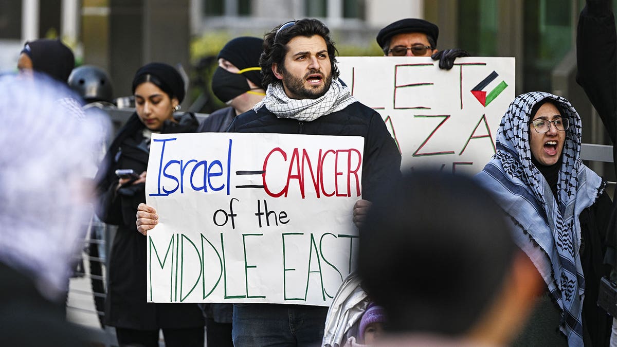 Anti-Israel protester with sign reading "israel = cancer of the Middle East"