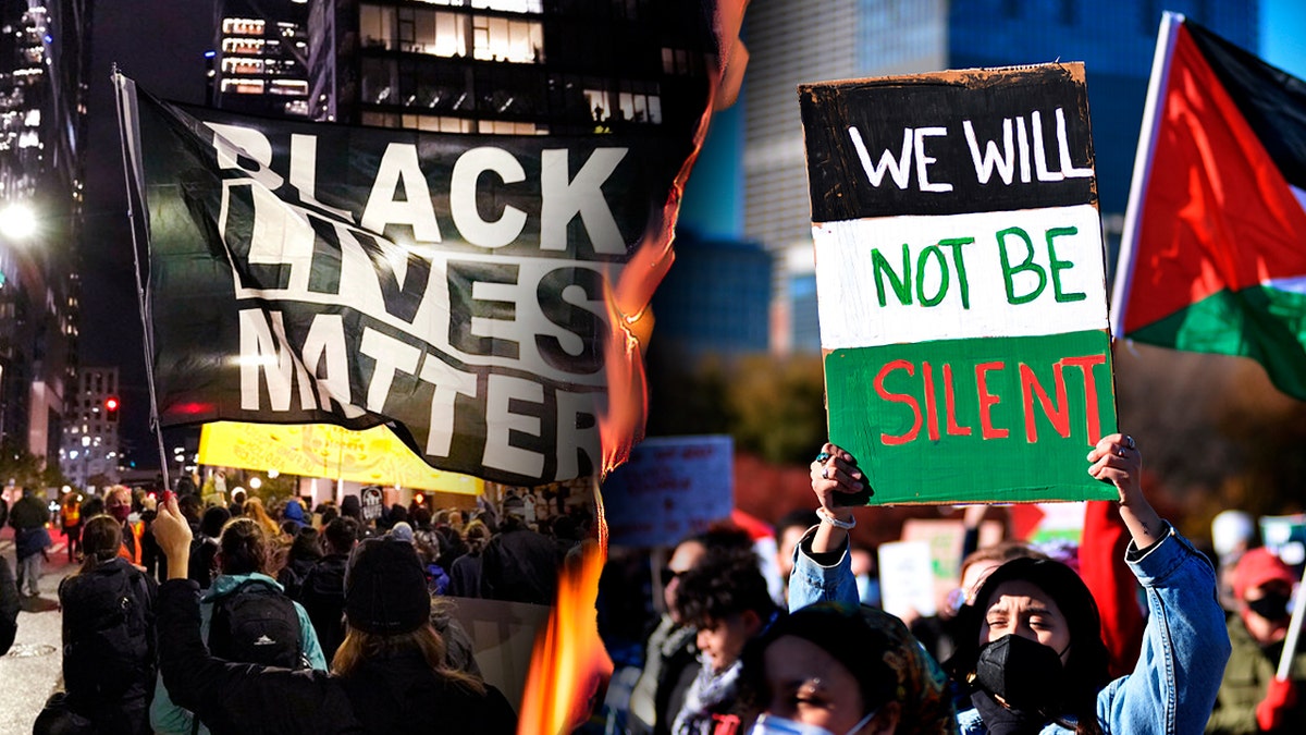 black lives matter protest, left, pro-Palestinian protest right