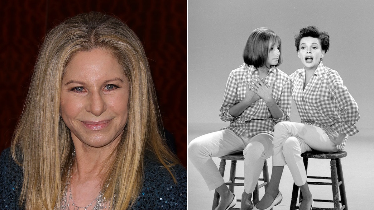 Barbra Streisand close up split screen with Barbra Streisand and Judy Garland black and white picture