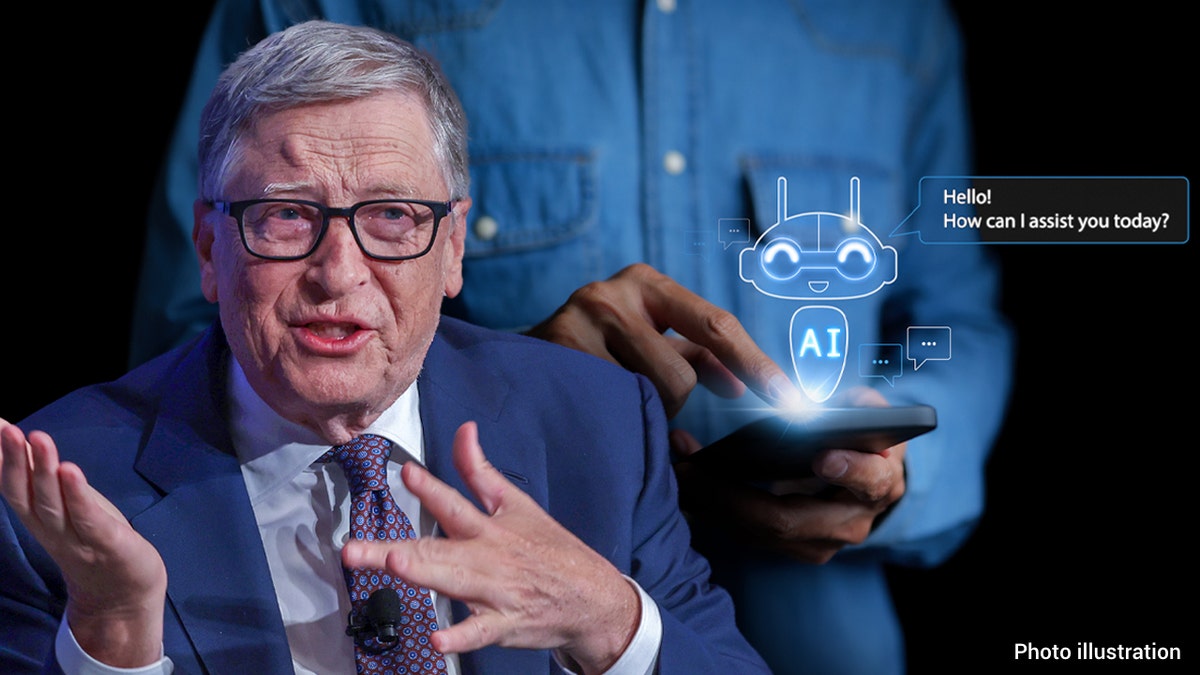 A photo illustration of Bill Gates with a man using an artificial intelligence assistant