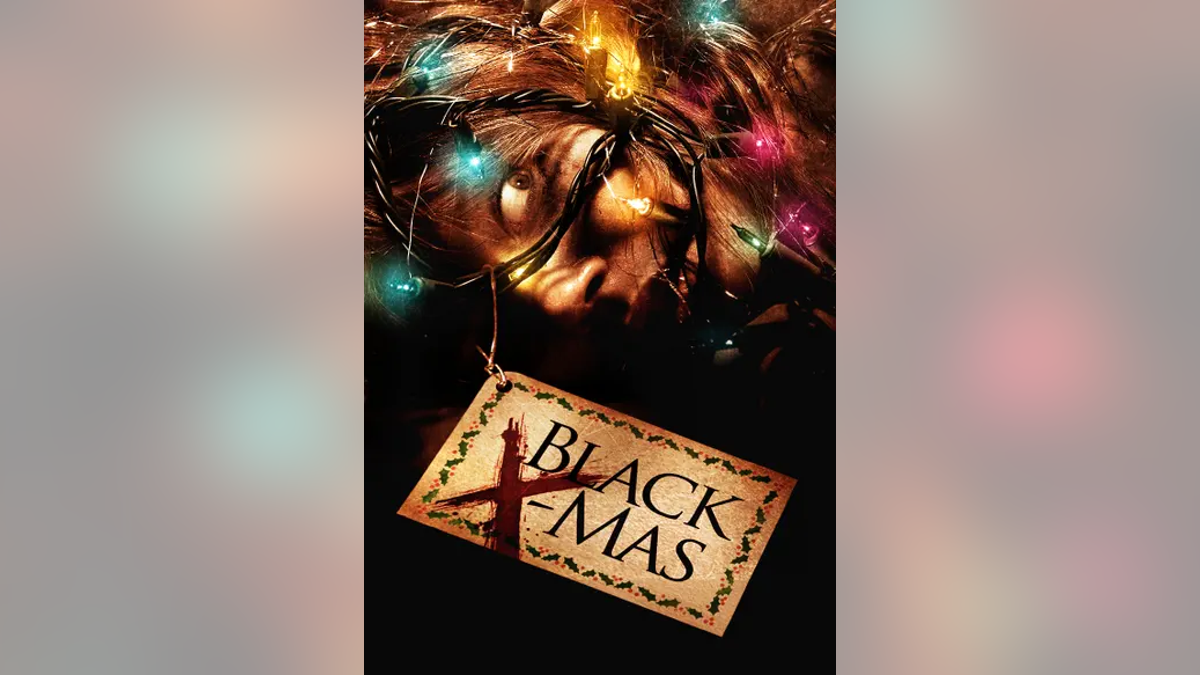 Cover of Black X-Mas with Christmas lights and creepy face