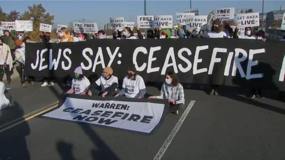 protesters sitting in road on bridge